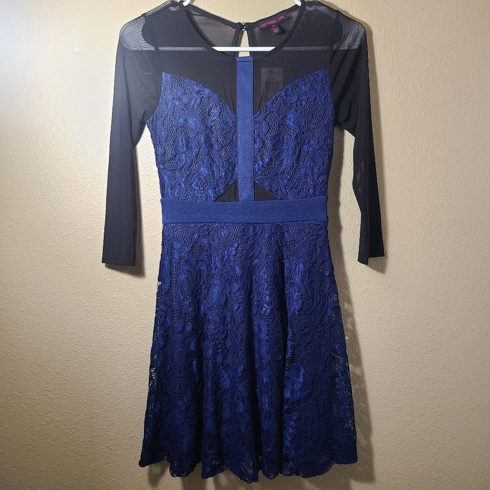Womens black and navy mesh and lace mini dress